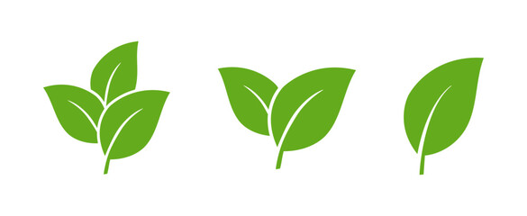 Green Leaf icon Set, Minimal Nature Plant leaves Logo Collection, Modern Symbol Set of Single one, two and three Fresh Organic Leaves Vector isolated on Transparent Png White background © Z.A.G