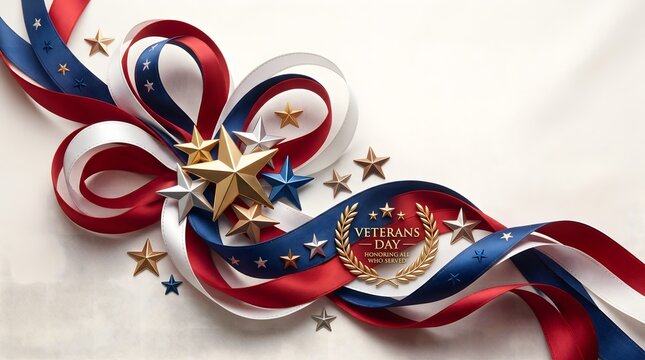 Patriotic red white and blue ribbons with golden stars for a festive veterans day celebration background design