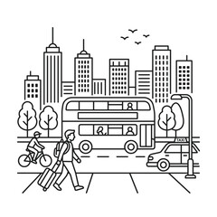 Obraz premium Double-decker bus and cyclists navigating urban skyline with modern skyscrapers in city street illustration