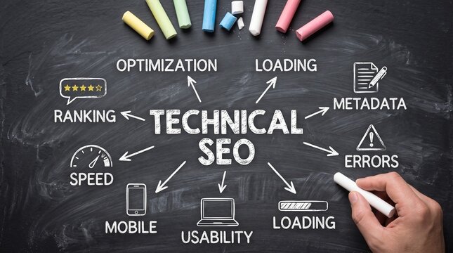 A hand writes a technical seo mind map with white chalk on a black chalkboard surface