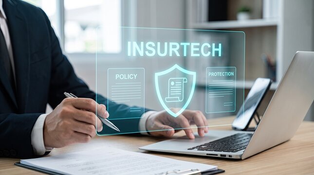 Businessman using insurtech on laptop for policy and protection