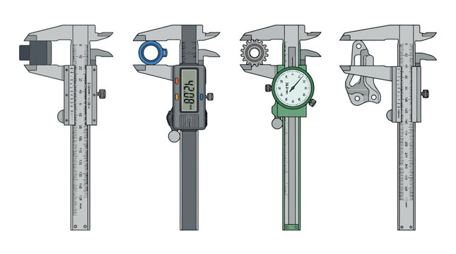 Set of Caliper Measurement Tools Including Vernier, Digital, and Dial Calipers Measuring Industrial Parts