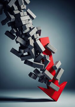 Large red arrow crashing through dark gray falling blocks.