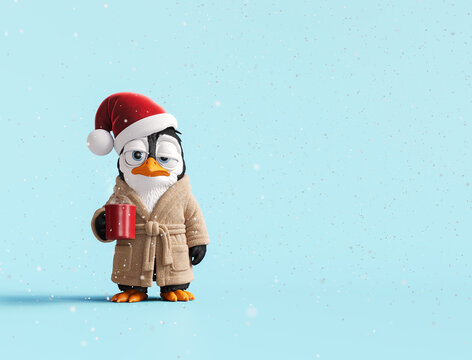 Another Christmas. Bored Penguin wearing Santa's hat and drinking tea on blue background with copy space. Christmas greeting card design. 3D Rendering, 3D Illustration