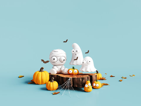 Ghosts and Mummy with Halloween pumpkins on blue background. Halloween greeting card design. 3D Rendering, 3D Illustration