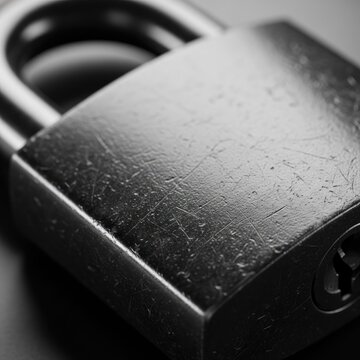 Macro view of scratched black metal padlock surface.