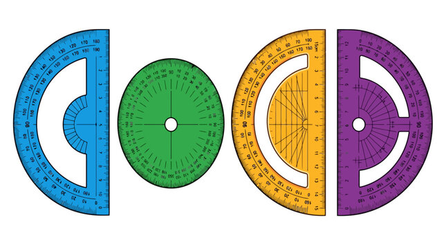 Set of colorful hand-drawn protractors for geometry and math education featuring full circle and semi-circle tools