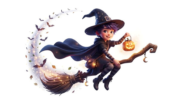 Cute Witch Boy Flying on a Broomstick with a Magical Halloween Pumpkin and Spooky Festive Details