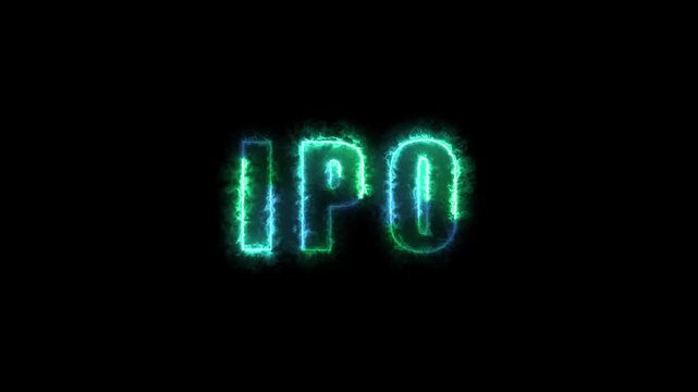 IPO text animation glows with initial public offering letters. Stock market listing telemetry guides the IPO text. Financial investment capital expansion drives IPO text.