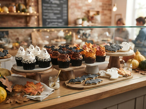 Halloween Bakery Display with Colorful Cupcakes, Cookies and Festive Treats in a Cozy Boutique Setting