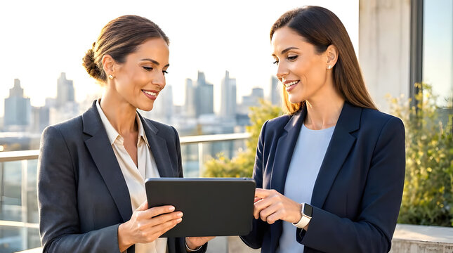 Two professional businesswomen collaborating on a digital tablet while discussing new project ideas on a modern office terrace. 