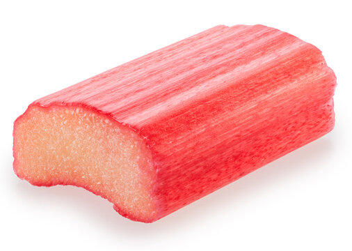 One cut of red rhubarb stem on white background. File contains clipping path.