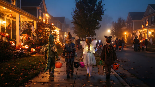 Children in Halloween Costumes Going Trick or Treating Through a Cozy Autumn Neighborhood at Night