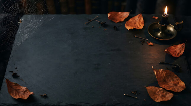 Dark Halloween Background with Empty Stone Surface, Autumn Leaves, Candles and Spooky Decorative Elements