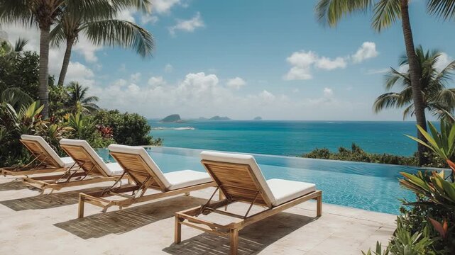 Luxury resort infinity pool with lounge chairs overlooking ocean and palm trees during sunny day