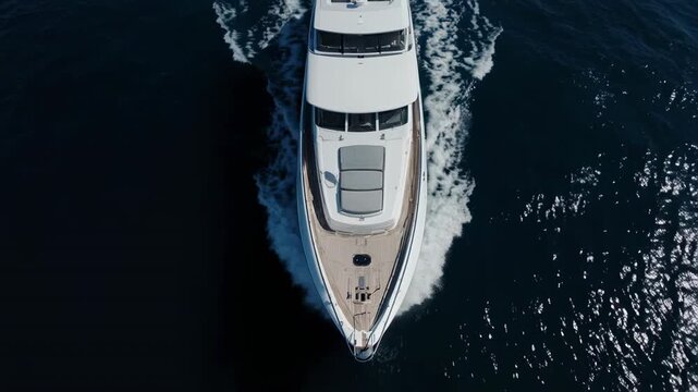Luxury yacht cruising calm ocean during golden hour with aerial perspective and smooth motion