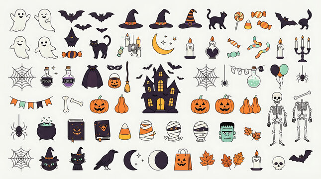 Halloween Vector Icon Set with Pumpkins, Ghosts, Bats, Witch Hats, Skeletons and Spooky Holiday Elements