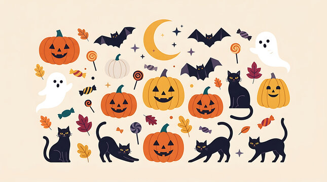 Cute Halloween Vector Illustration Collection with Jack O Lanterns, Ghosts, Bats, Black Cats and Spooky Elements