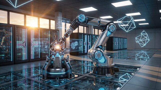 Industrial robotic arm assembling electronic components in futuristic smart factory workspace