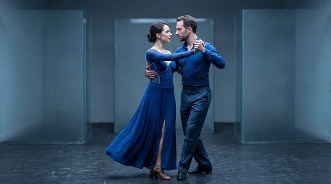 Two adult tango dancers sapphire blue competition bodysuit and dark steel shirt in emotionally deliberate pause before trust, frosted translucent glass planes fine art dance