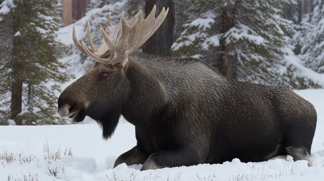 Majestic bull moose resting in a snowy forest during a gentle snowfall cinematic motion