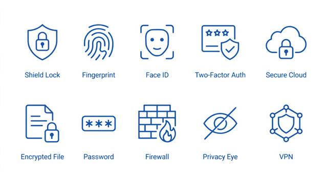 Set of ten cybersecurity and data protection icons with blue line art designs