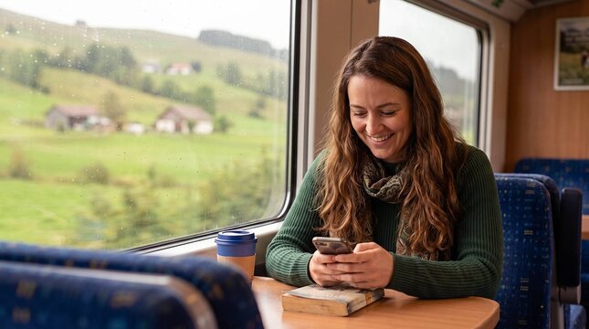 Woman smiling at smartphone while riding scenic train through countryside, relaxed travel journey