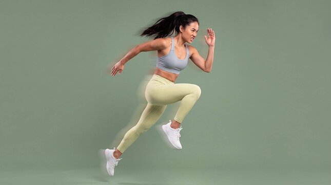Athletic woman sprinting and jumping against green background, fitness action motion blur