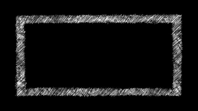 Animated seamless loop of white pencil scribble rectangular frame on black background. Textured hatching border animation for video overlays, photo frames, title cards, lower thirds, social media