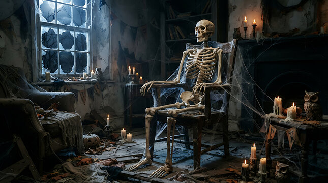 Creepy Skeleton Sitting on an Old Wooden Chair in a Dark Haunted Room with Gothic Halloween Atmosphere
