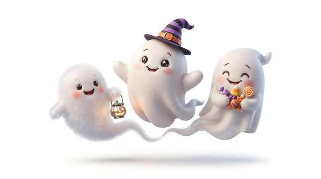 Cute Three Halloween Ghosts Floating Together with Spooky Expressions and Playful Festive Details on White Background