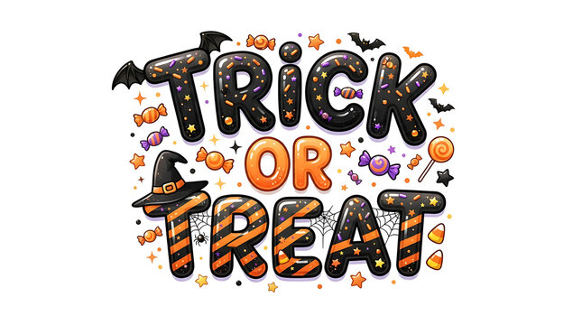 Trick or Treat Halloween Typography with Colorful Spooky Lettering and Playful Decorative Elements on White Background