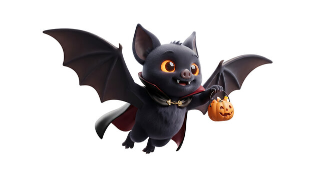 Cute Vampire Bat Holding a Pumpkin Candy Bucket while Flying with Spooky Halloween Decorations on White Background