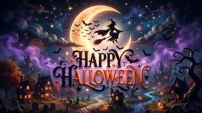 Happy Halloween Fantasy Scene with Flying Witch, Glowing Moon, Haunted Village and Colorful Spooky Night Decorations