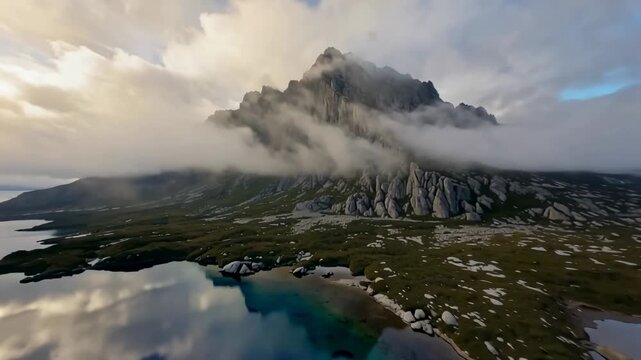 Majestic mountain peak emerges from rolling clouds during golden hour with dramatic sun rays