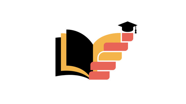 Education logo design of an open book forming a staircase leading to a graduation cap representing academic success and career growth