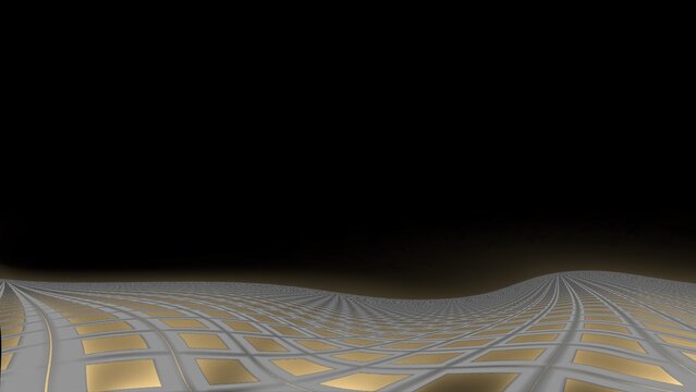 緩やかに歪んだゴールドのグリッド床の遠近法の3D背景素材