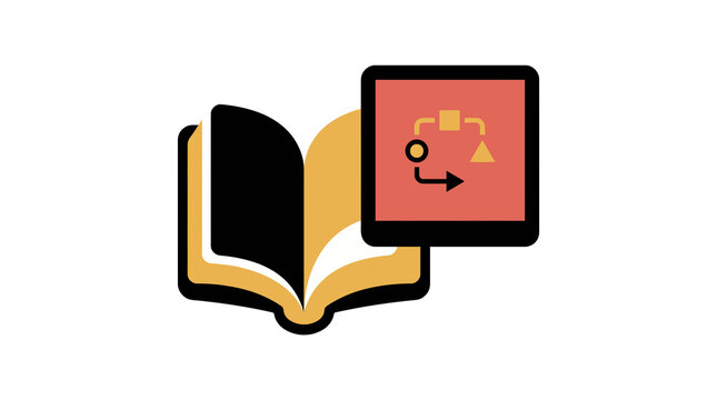Workflow documentation book icon. System guide vector illustration. Instructional manual with algorithm process chart