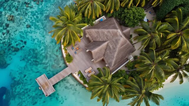 Aerial view of tropical luxury villa featuring tall palm trees, crystal clear turquoise lagoon, and exclusive island resort setting, representing premium vacation and travel, 4K video