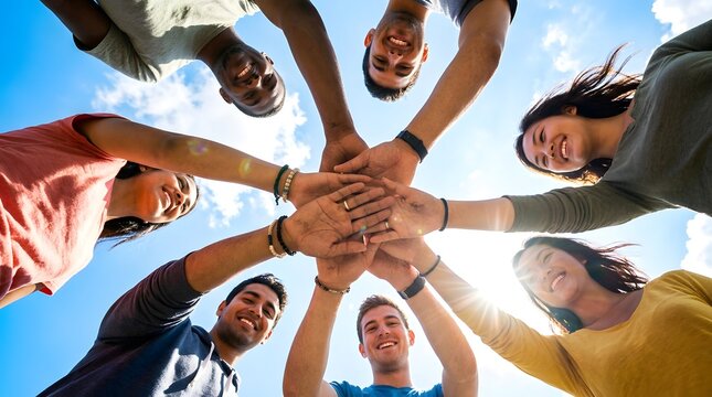 Diverse happy friends stacking hands together outdoors under blue sky