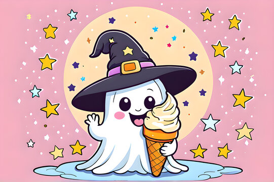 Cute little cartoon ghost wearing a witch hat eating an ice cream cone with glowing stars on a pastel pink background