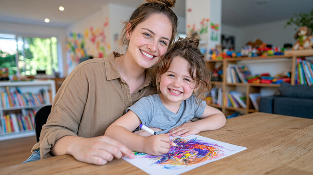 Child drawing a colorful picture with markers at a wooden table, adult gently guiding the creative activity, shelves filled with books and toys, colorful decorated walls, warm natural daylight, nurt