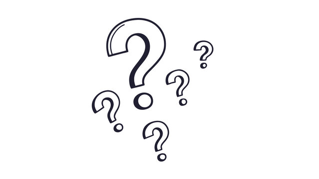 Hand drawn question mark icons, black ink doodle sketch of interrogation symbols, minimalist line art set for faq and help support concepts