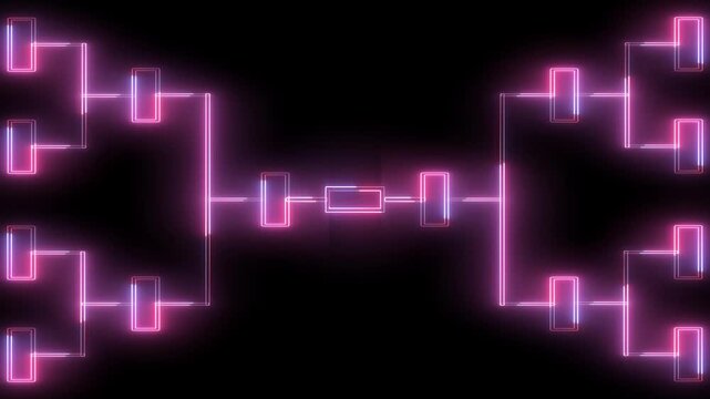 Tournament bracket animation shows symmetrical playoff rows on dark. Sports gaming elimination tracks on bracket. Championship match scheduling uses the bracket.