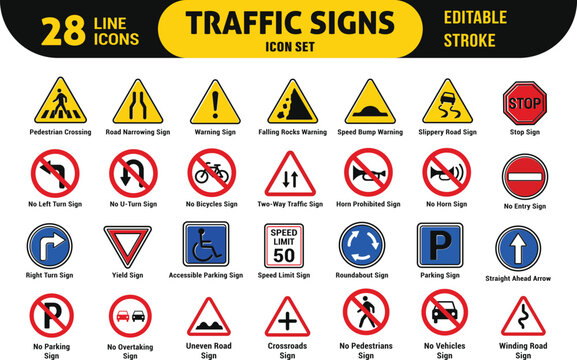 Collection of twenty eight various international road traffic signs and symbols on a white background