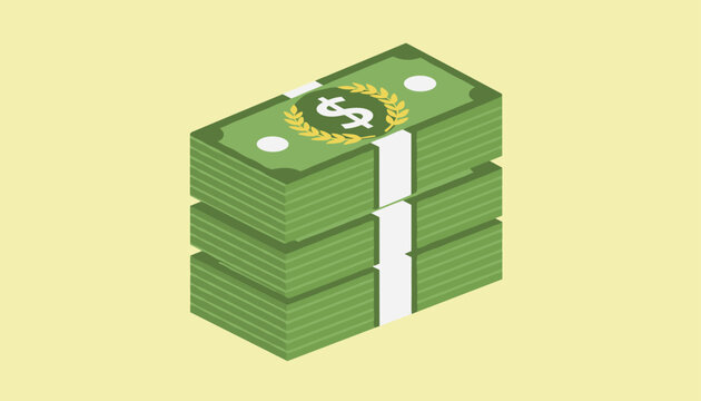 Thick stack of green US dollar bills is tied with white paper bands and features a laurel wreath icon on the top bill in an isometric design.