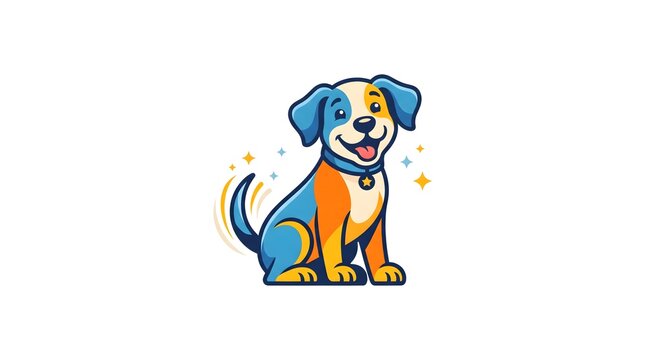 A cheerful and colorful cartoon dog sitting with a happy expression, isolated on a white background