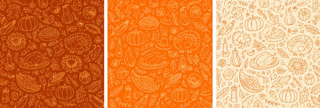 autumn and thanksgiving set of seamless patterns. Fall patterns collection with doodles for wallpaper, wrapping paper, scrapbooking, backgrounds, packaging, textile prints, etc. EPS...