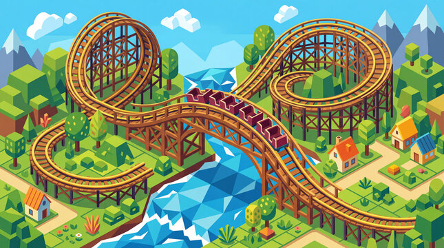 Theme Park Wooden Roller Coaster In Isometric Low Poly Landscape
