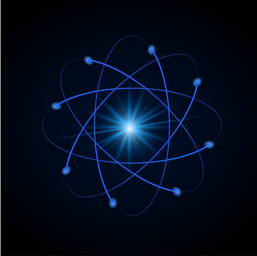 Glowing Blue Atomic Model Vector Isolated on Dark Background for Quantum Physics and Science